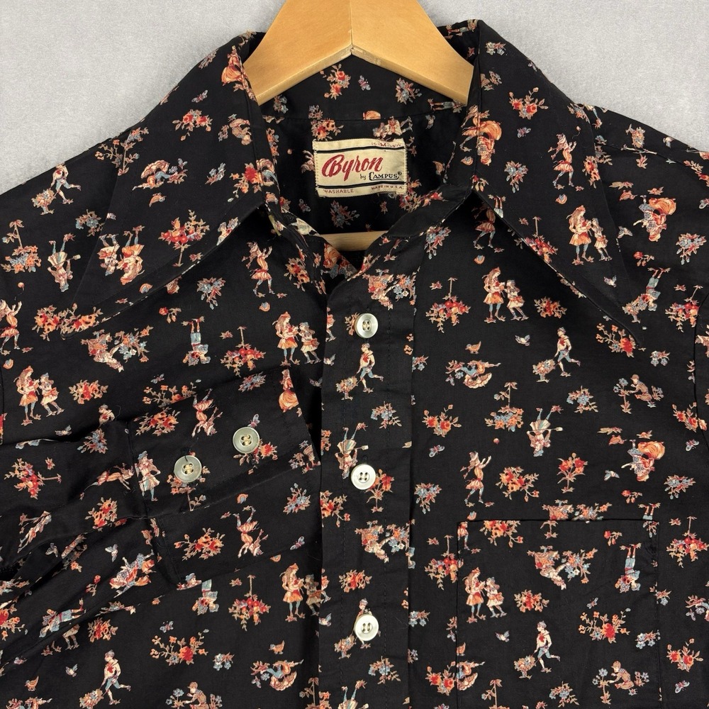 Vintage Dagger Collar Shirt Men’s Medium Black Novelty Print 60s 70s Byron